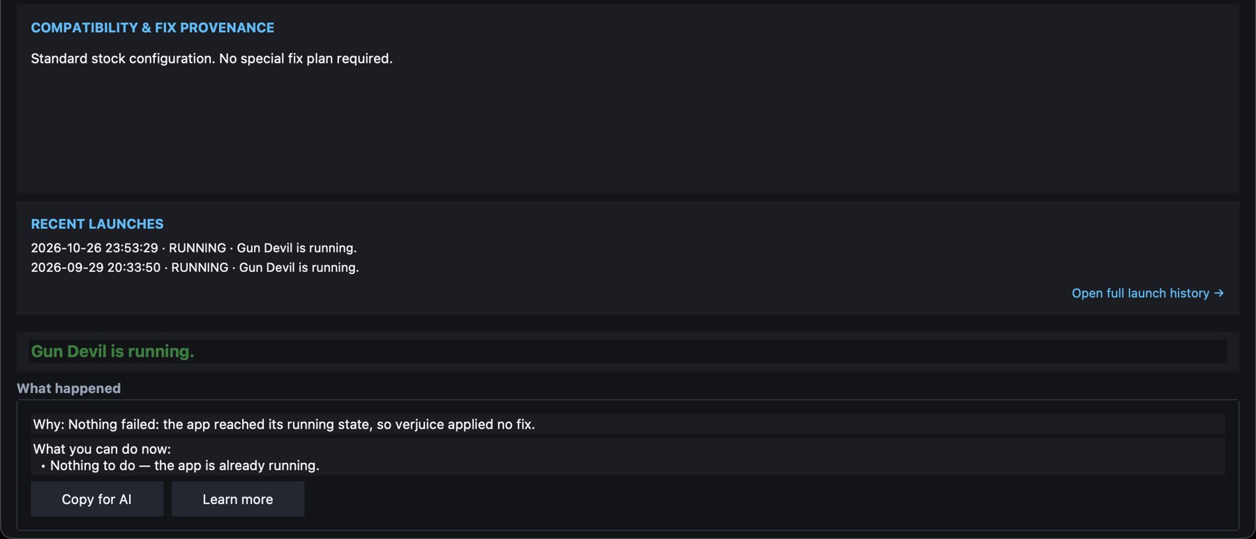 Compatibility and fix provenance panel for a game that is running